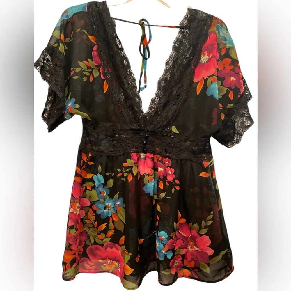 Vintage Forever 21 XX1 Sheer Floral Lace V-Neck Blouse, Black Multicolored, Sz M